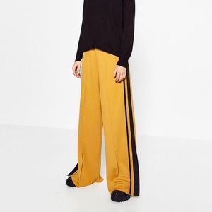 Zara Wide Leg Yellow Pants with Black Stripe